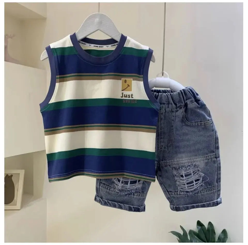 Boys Striped T-shirt And Ripped Shorts Set