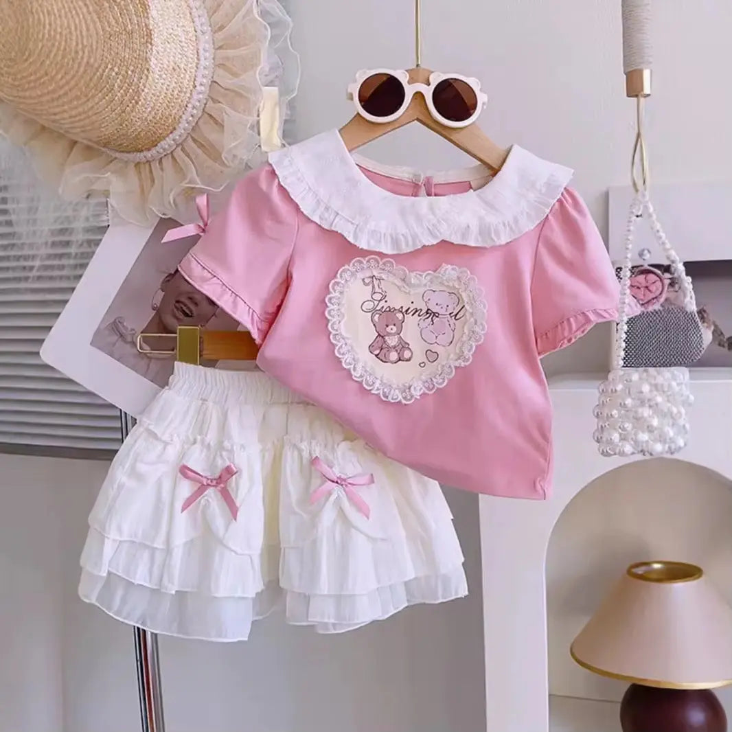 Girls Pink Top And White Skirt Set