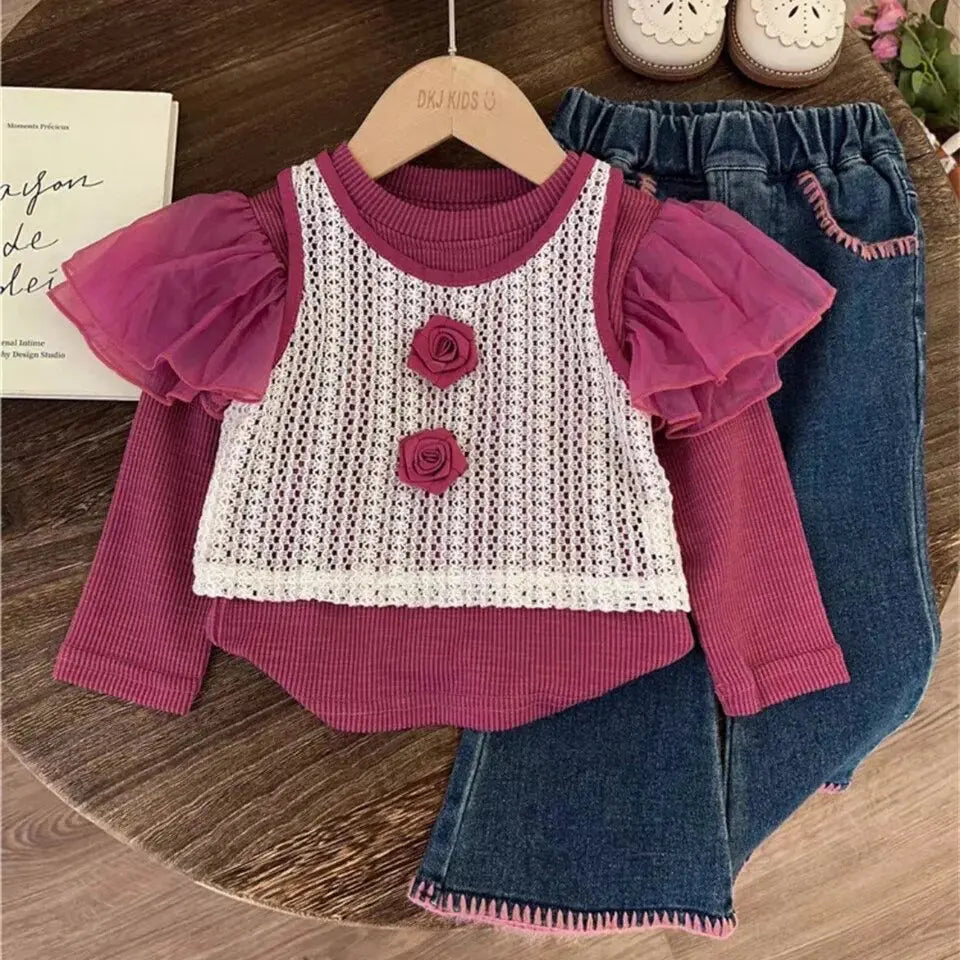 Girls Purple Top And Jeans Set