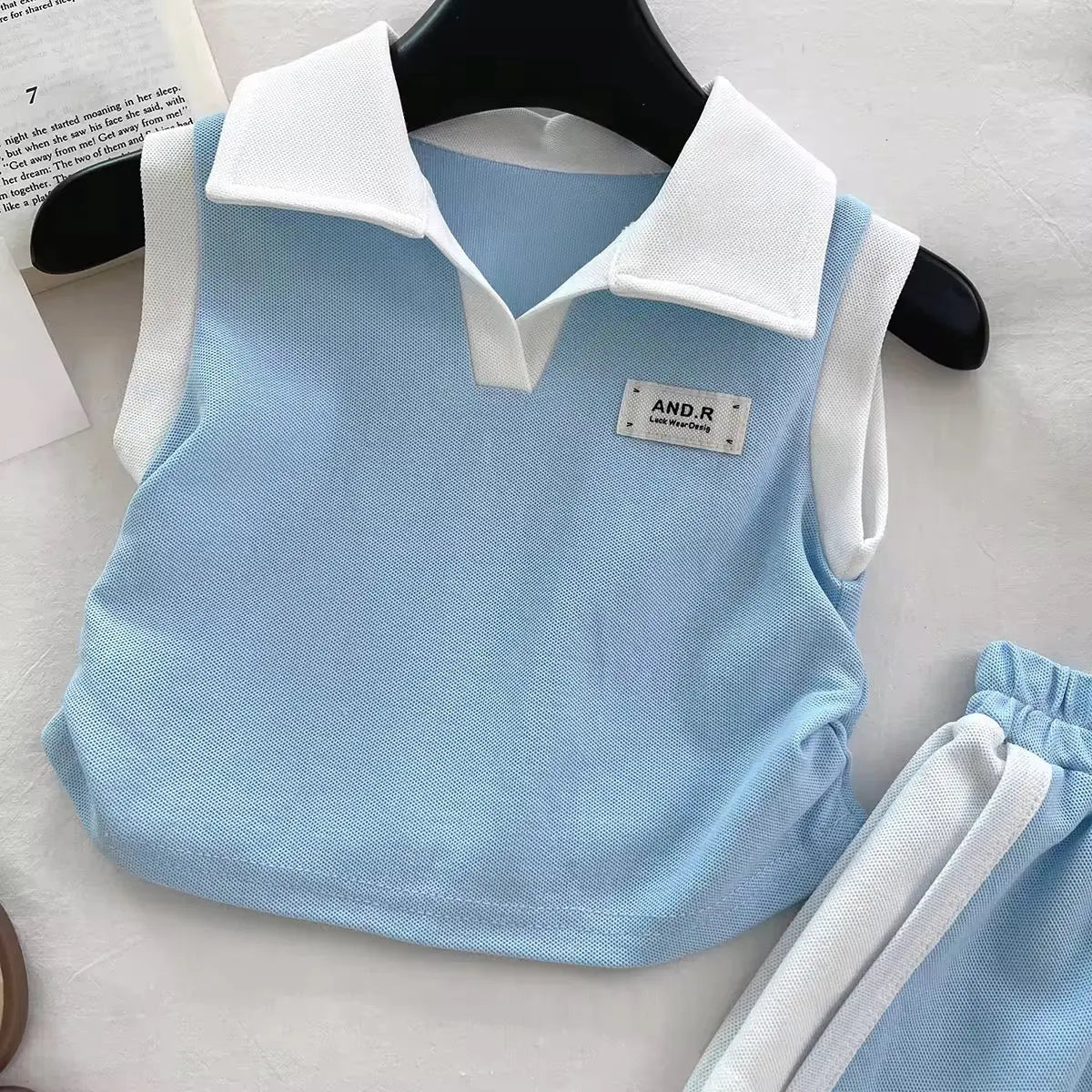 Girls Light Blue Polo Top And Shorts 2 Pcs Set