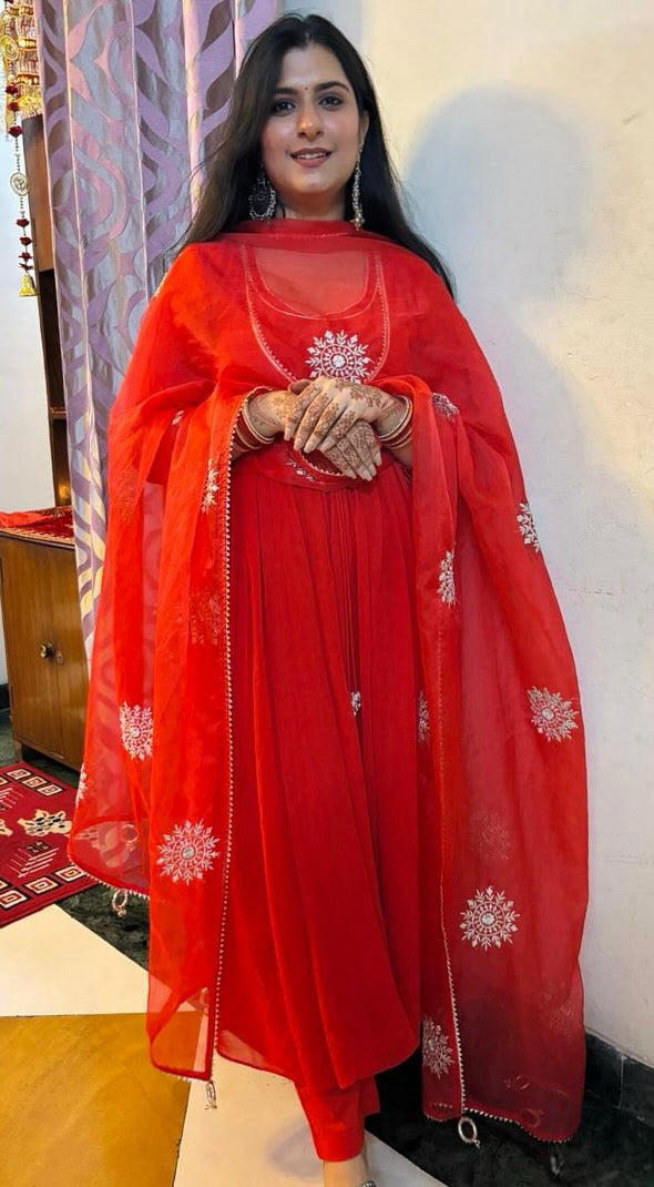 Bunaai Bright Red Georgette Suit Set