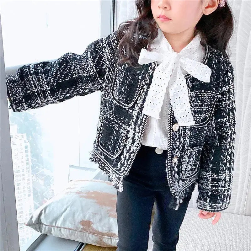 Girls Black Tweed Coat With Trousers 2 Pcs Set
