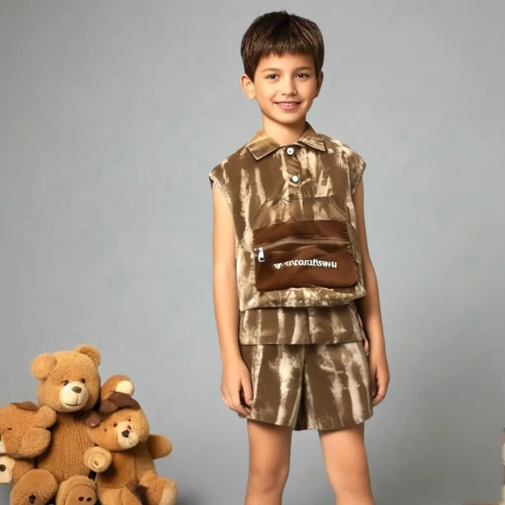 Boys Brown Sleeveless Shirt & Shorts Set with Zipper Pocket