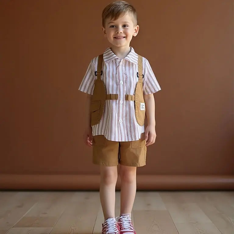 Boys Striped Suspender Shirt With Khaki Shorts