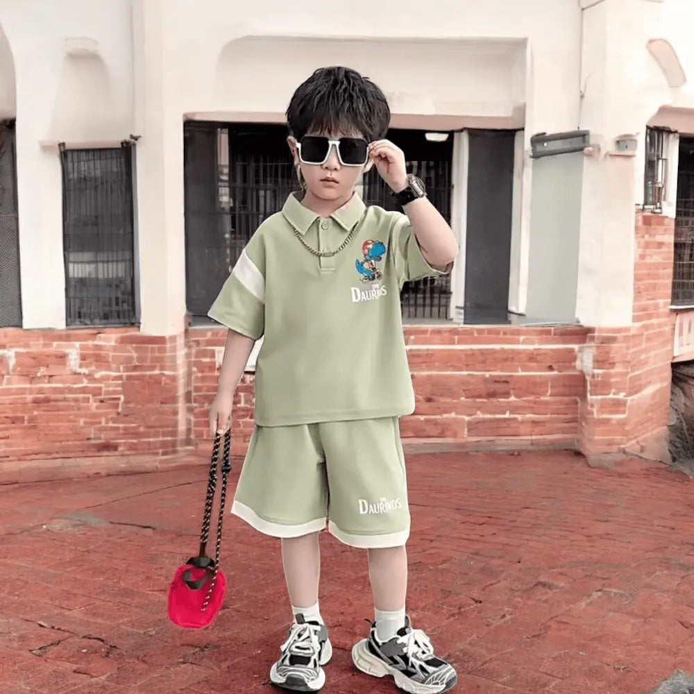 Boys Green Relaxed-Fit Polo Tee With Shorts