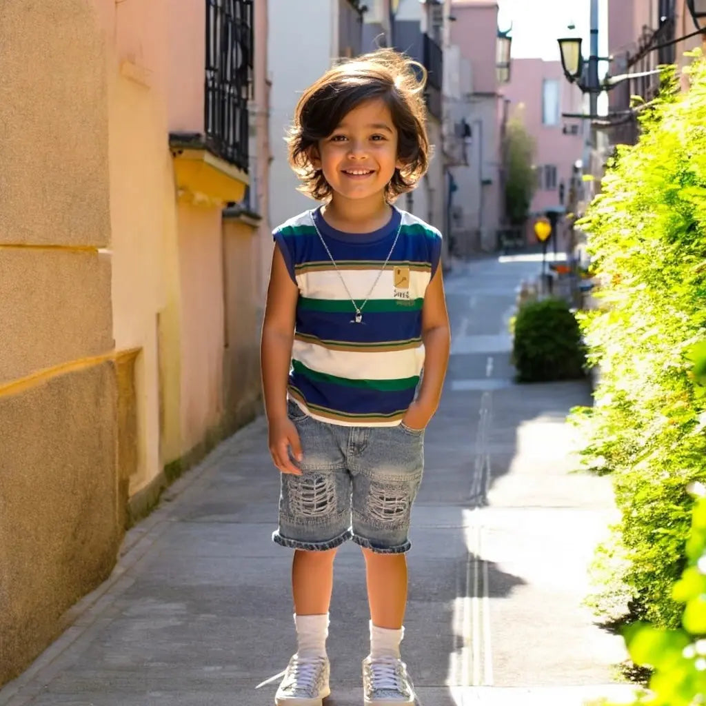 Boys Striped T-shirt And Ripped Shorts Set
