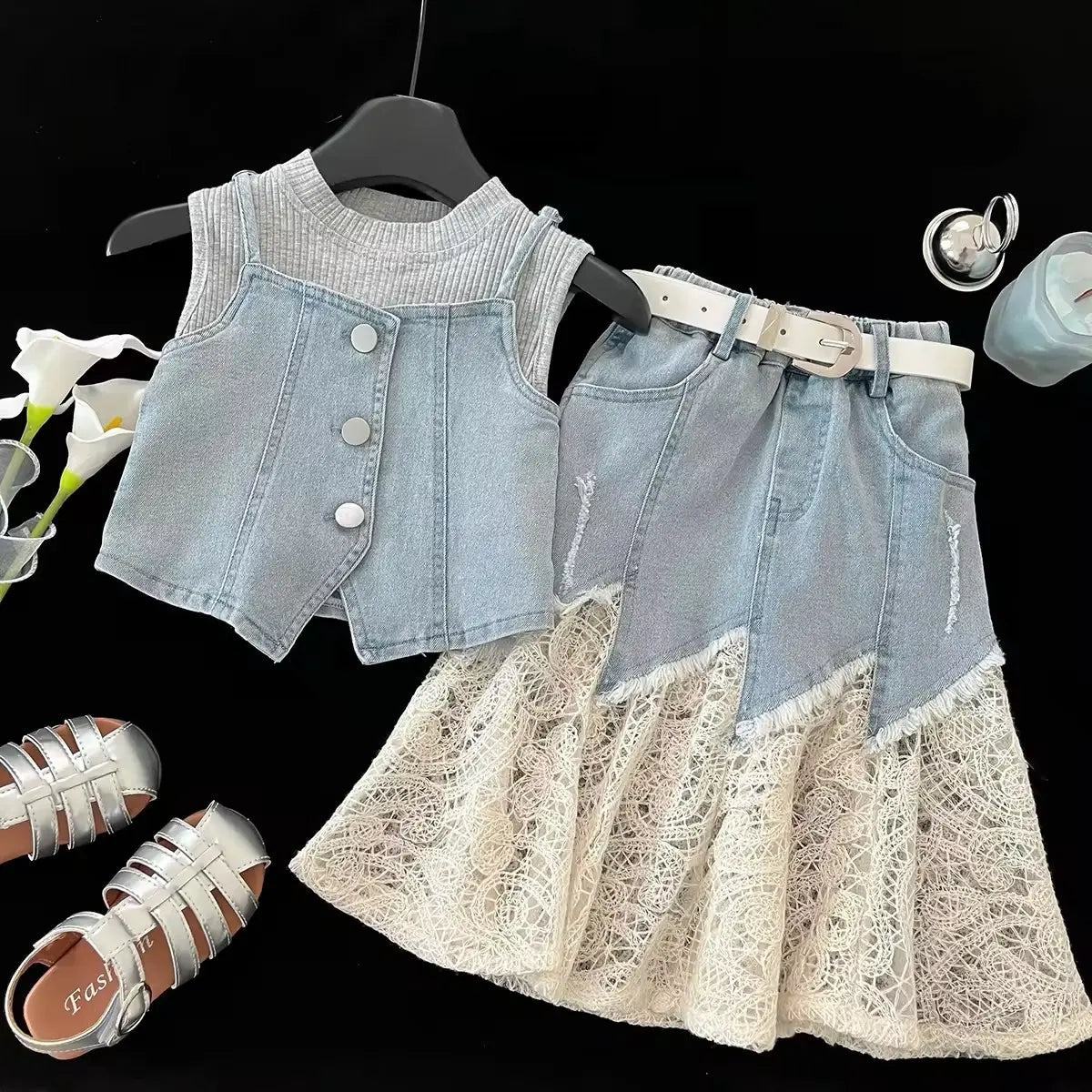 Girls Denim-Lace Co-ord Set
