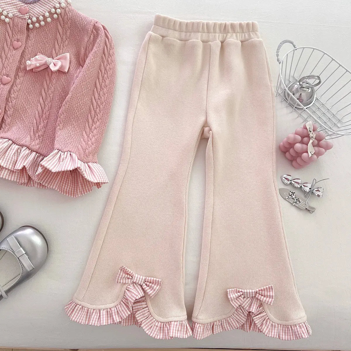 Girls Pink Knit Top & Ruffle Pants Set with Bow Detail