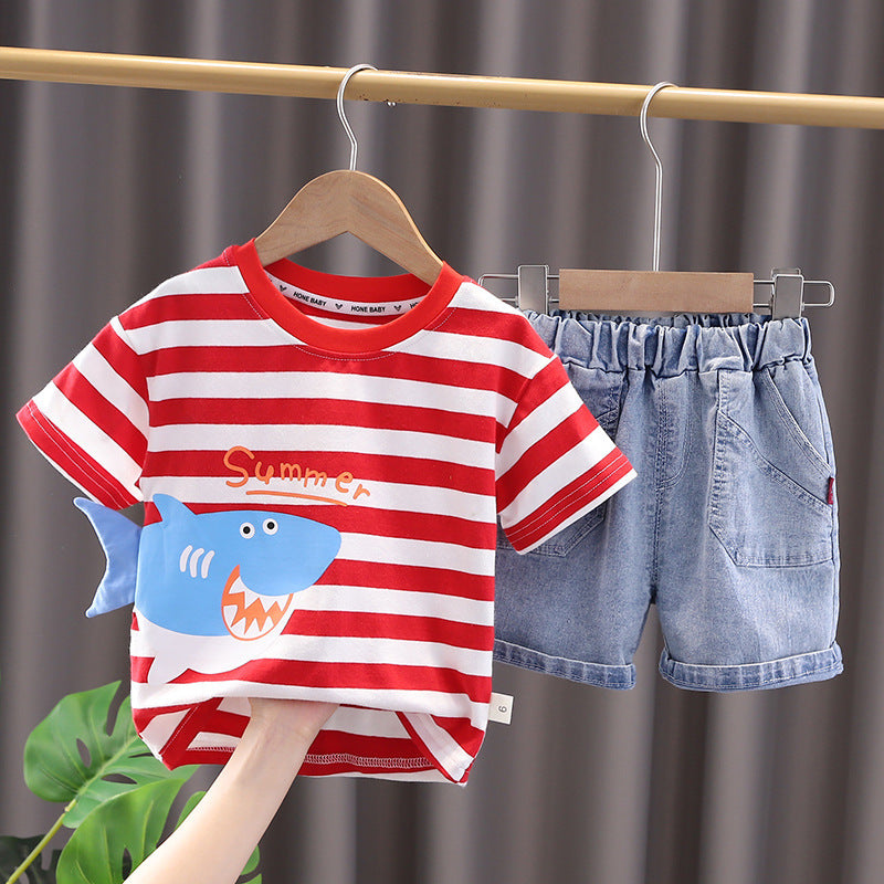 3D Shark Tail T-shirt with Denim Shorts Boys Set