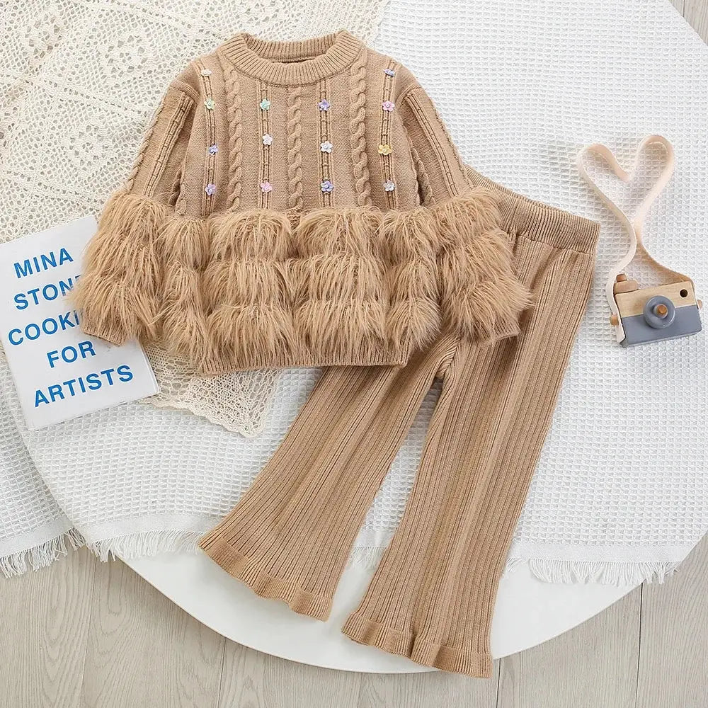 Girls Knitted Winter Co-ord Set with Faux Fur Detailing