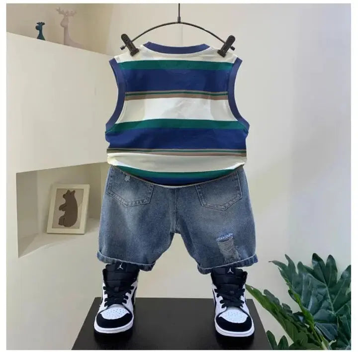 Boys Striped T-shirt And Ripped Shorts Set