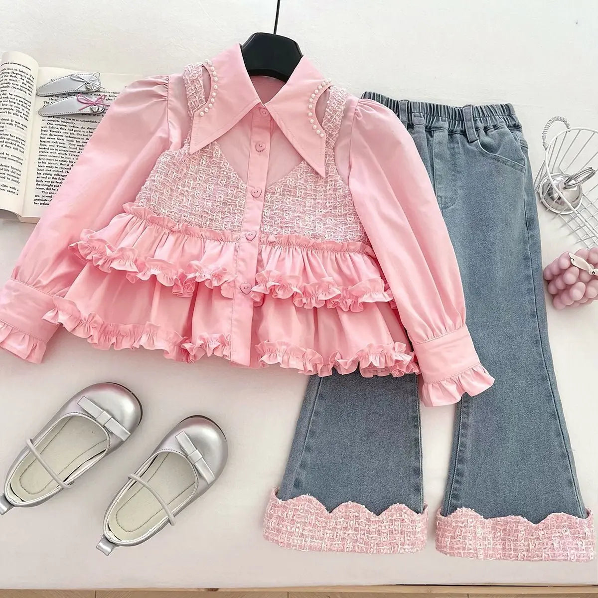 Girls Pink Ruffle Shirt And Denim Set