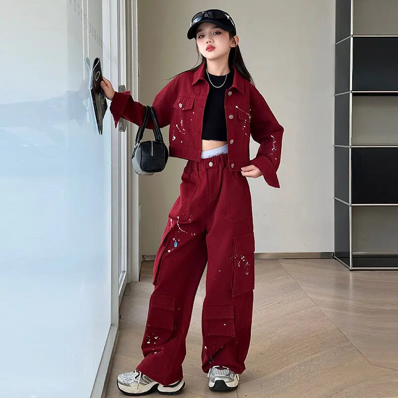 Girls Denim Maroon Co-ord Set