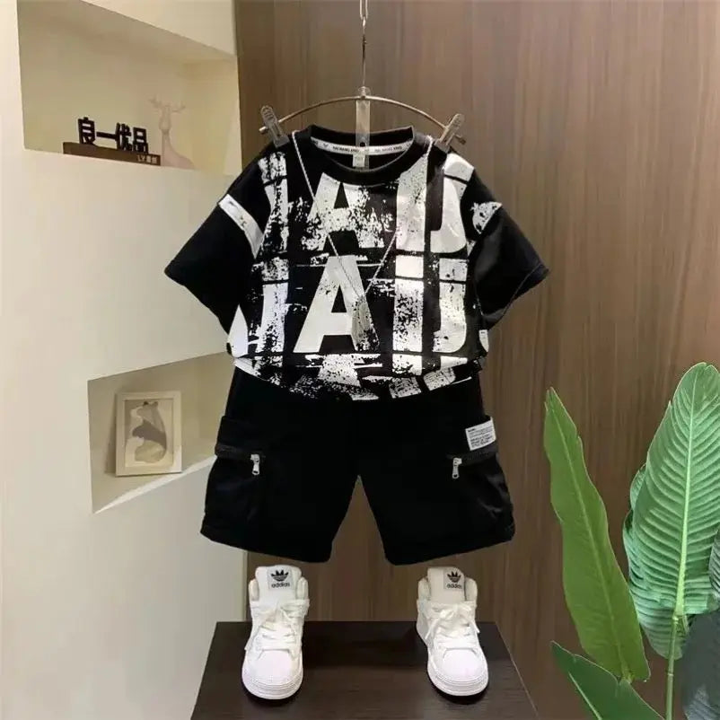 Boys Printed T-shirt And Black Shorts 2 Pcs Set