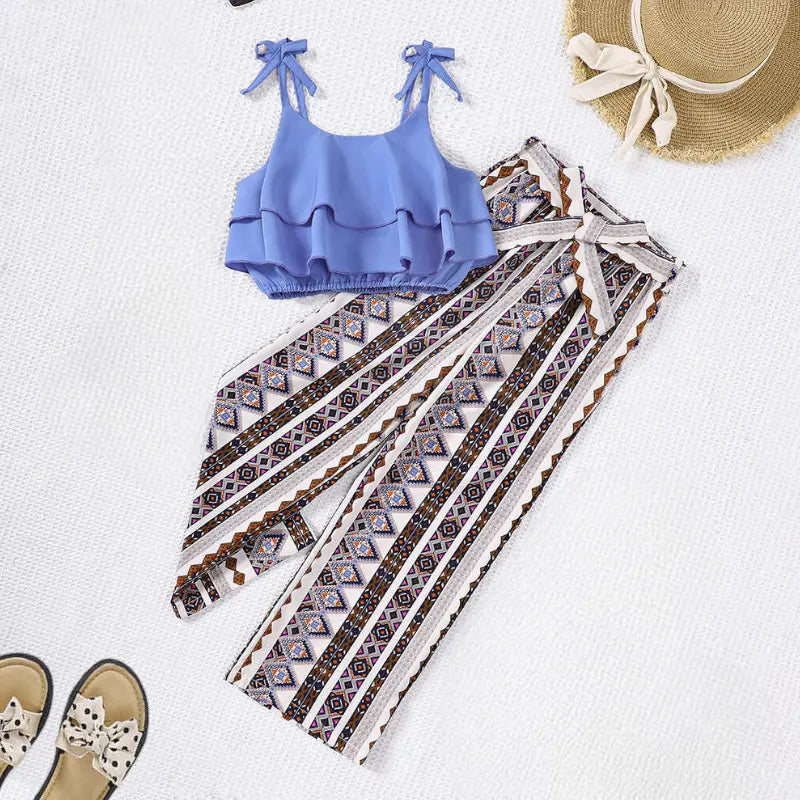 Girls Blue Strap Layered Top And Printed Pants