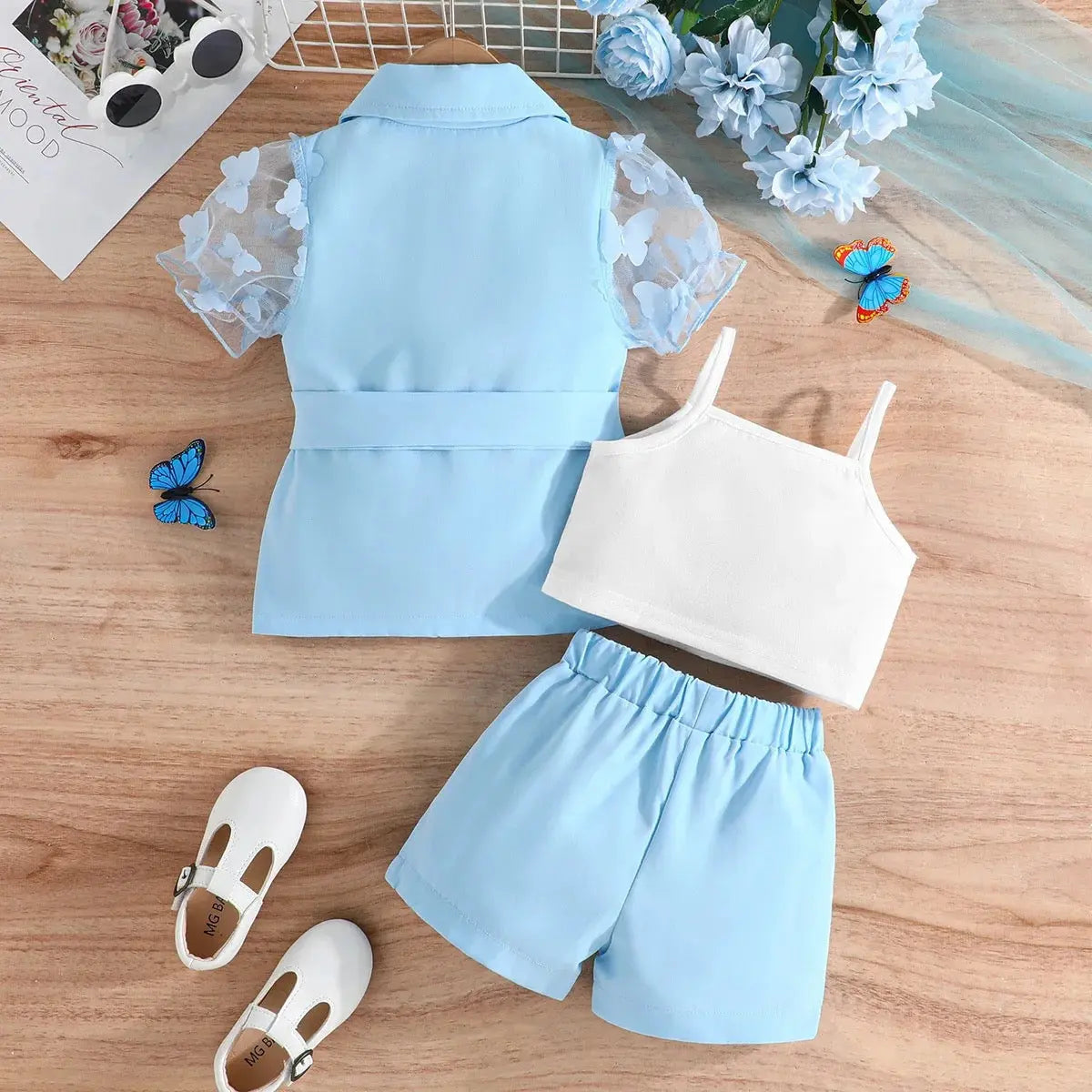Girls Blue 3-Piece Set with Bow Blazer, White Crop Top & Shorts