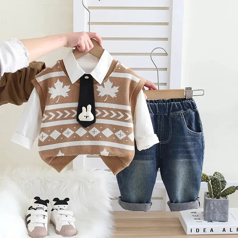 Boys Autumn Stylish Sweater & Denim Set with Shirt & Bunny Tie