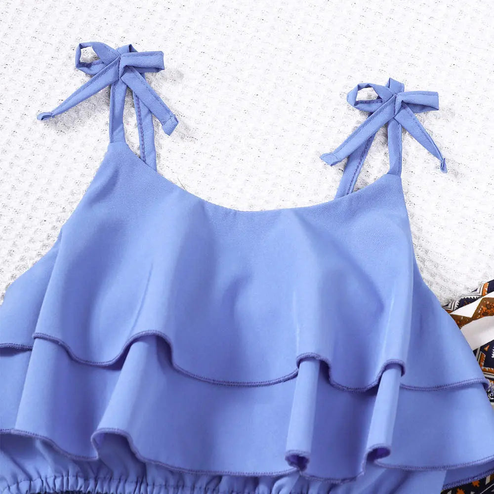 Girls Blue Strap Layered Top And Printed Pants