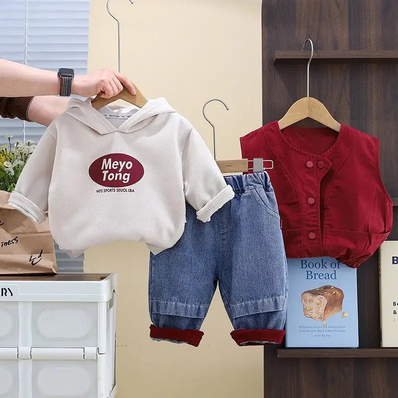 Boys Red Jacket, Hoodie And Jeans Set