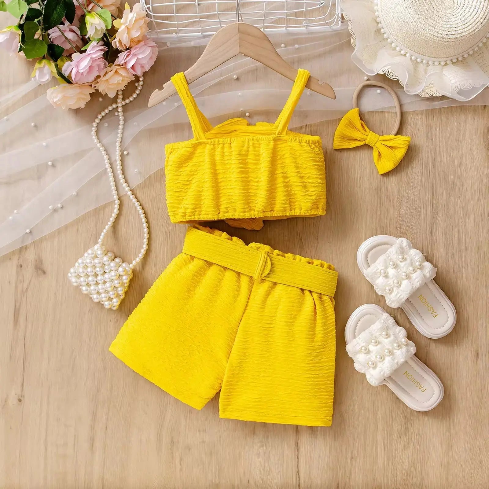 Girls Yellow Flower Detail With Matching Band 4 Pcs Set