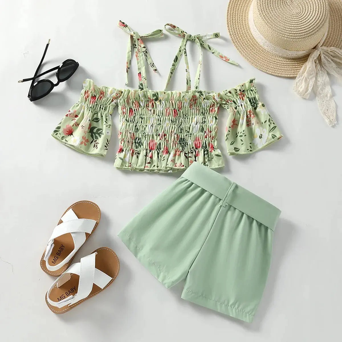 Girls Green Off Shoulder Crop Top And Shorts 2 Pcs Set