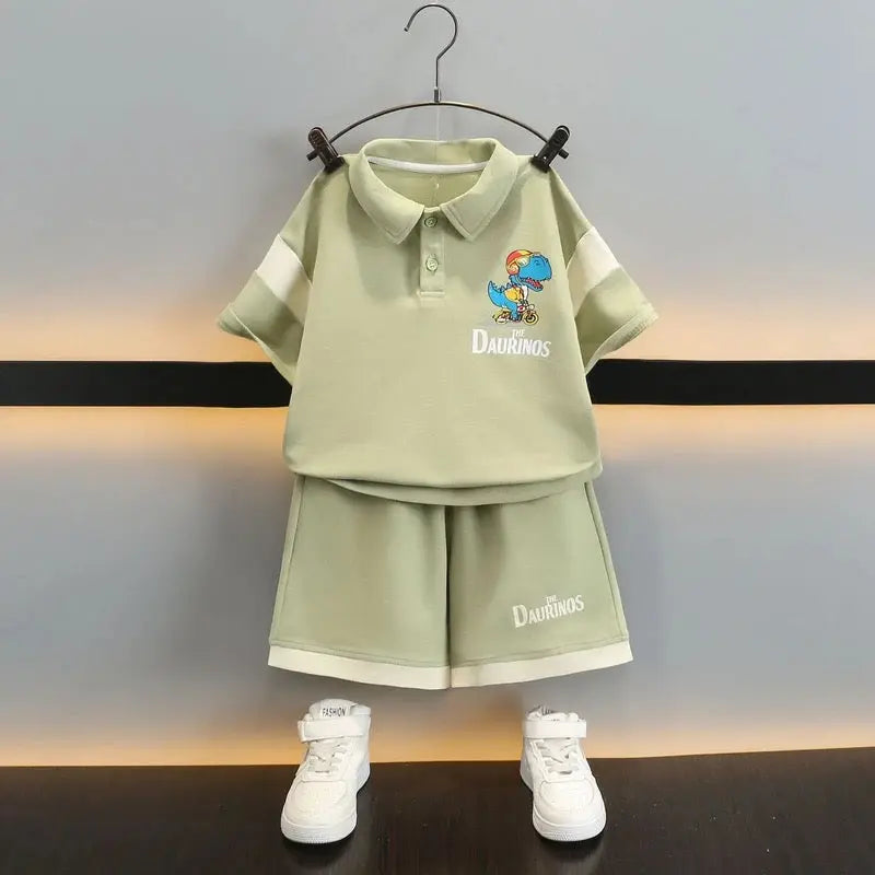 Boys Green Relaxed-Fit Polo Tee With Shorts