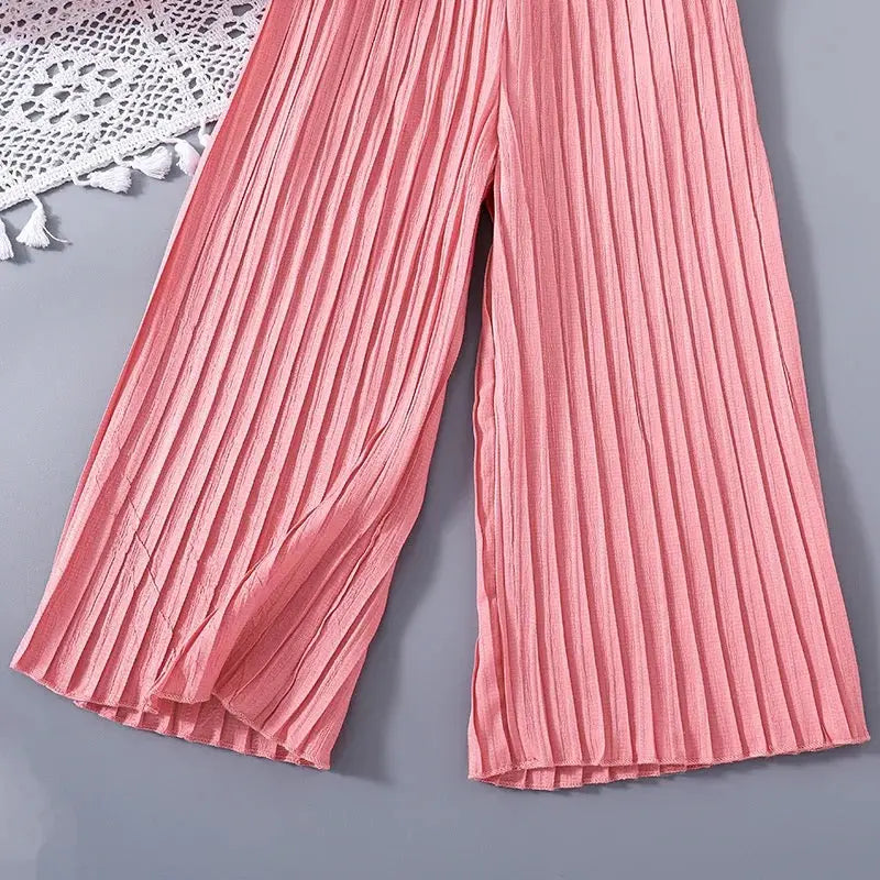 Girls Pink Pleated Crop Top And Plazzo 2 Pcs Set