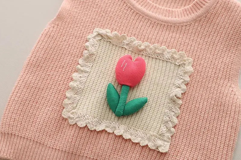 Girls Knitted Sweater With Top And Jeans 3 Pcs Set