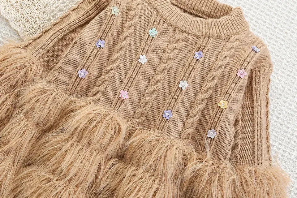 Girls Knitted Winter Co-ord Set with Faux Fur Detailing