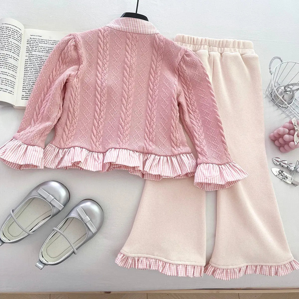 Girls Pink Knit Top & Ruffle Pants Set with Bow Detail