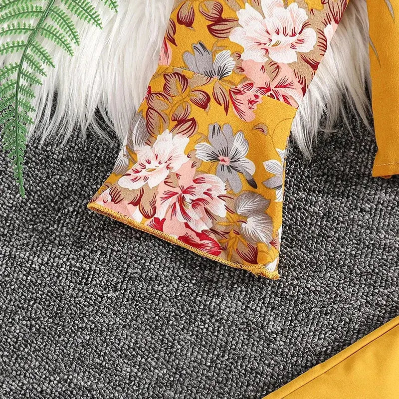 Girls Yellow Floral Printed Top And Pants 2 Pcs Set