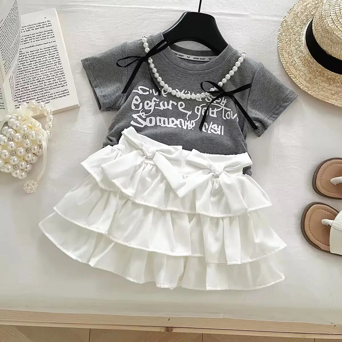 Girls Pearl-Detail Top And Skirt Set