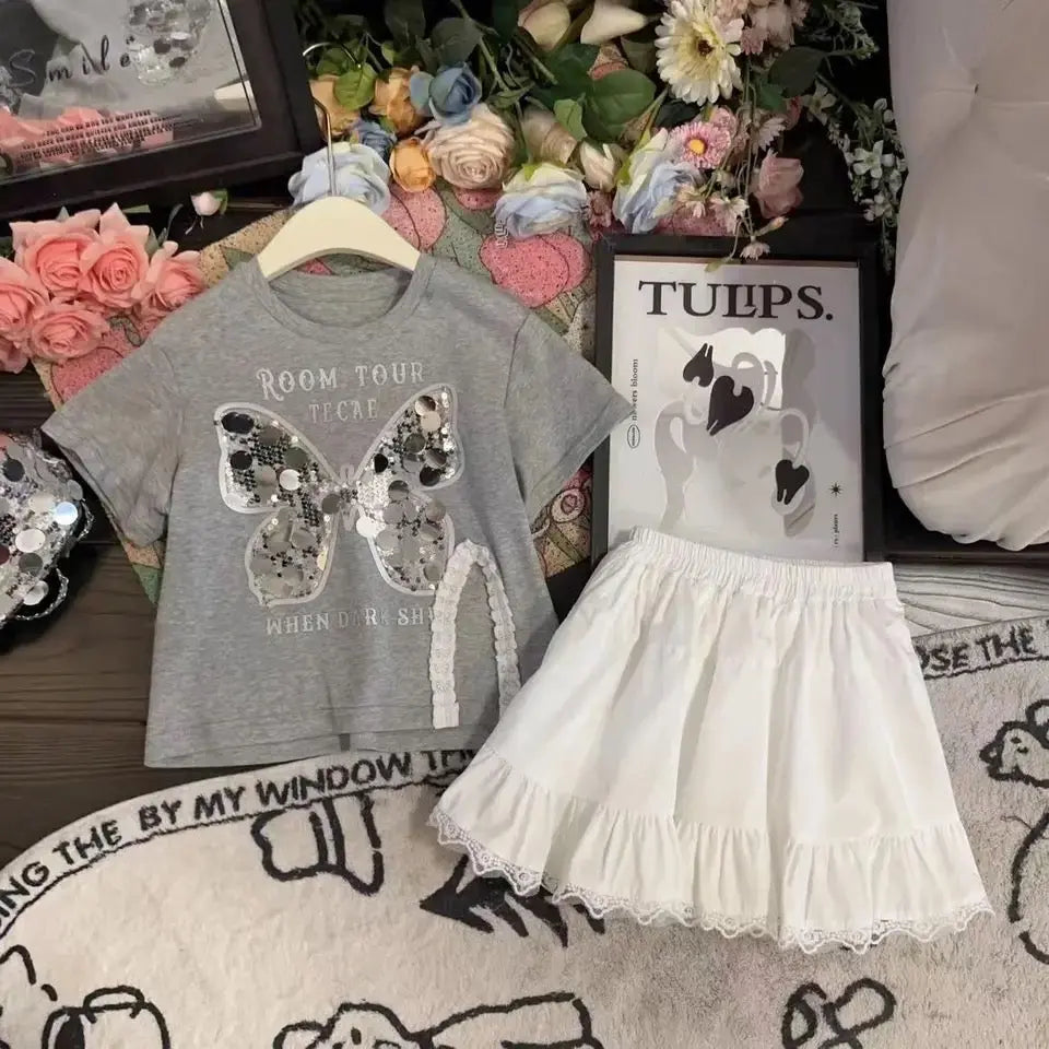 Girls Butterfly Sequins Top And Skirt 2 Pcs Set