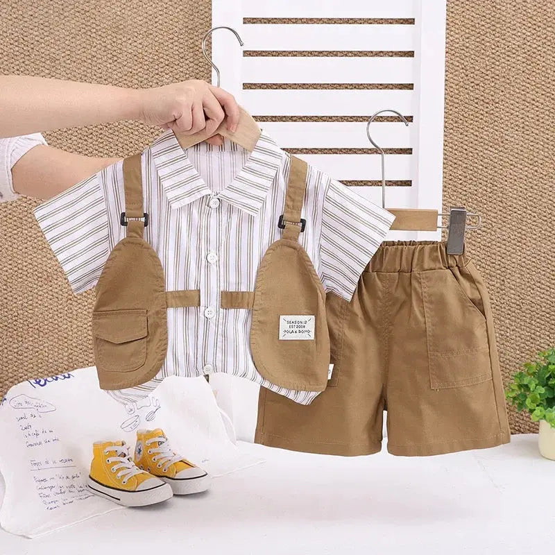 Boys Striped Suspender Shirt With Khaki Shorts