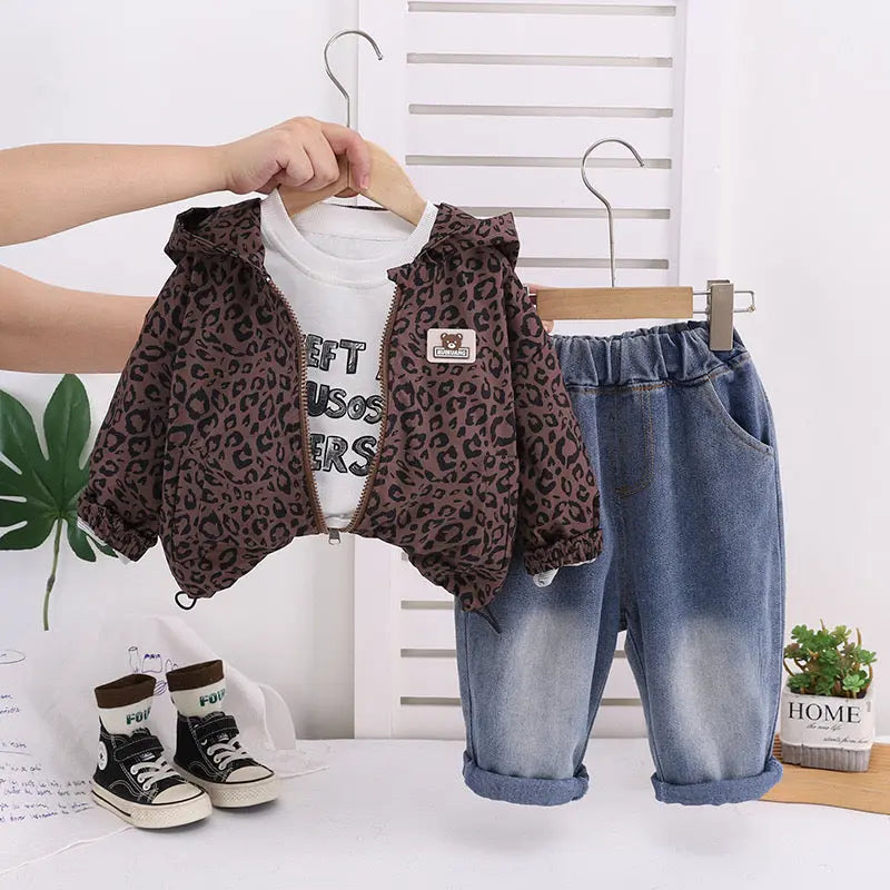 Boys Leopard-Print Hoodie With T-shirt And Denim Set