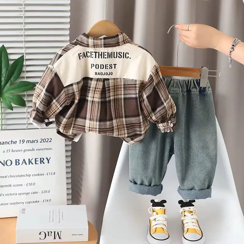 Boys Plaid Shirt With T-shirt And Jeans 3 Pc Set