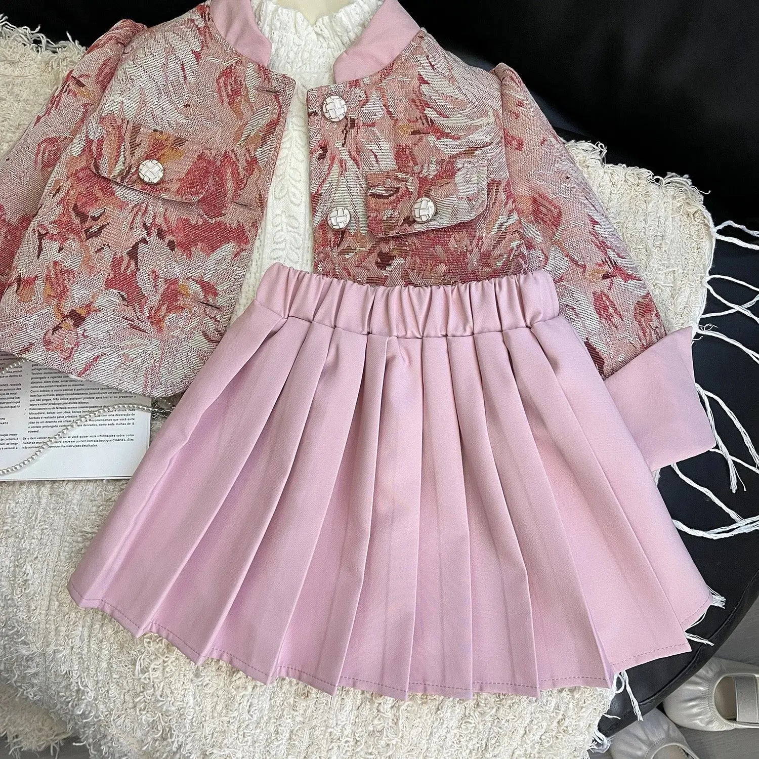 Girls Jacquard Blazer And Pleated Skirt 2 Pcs Set