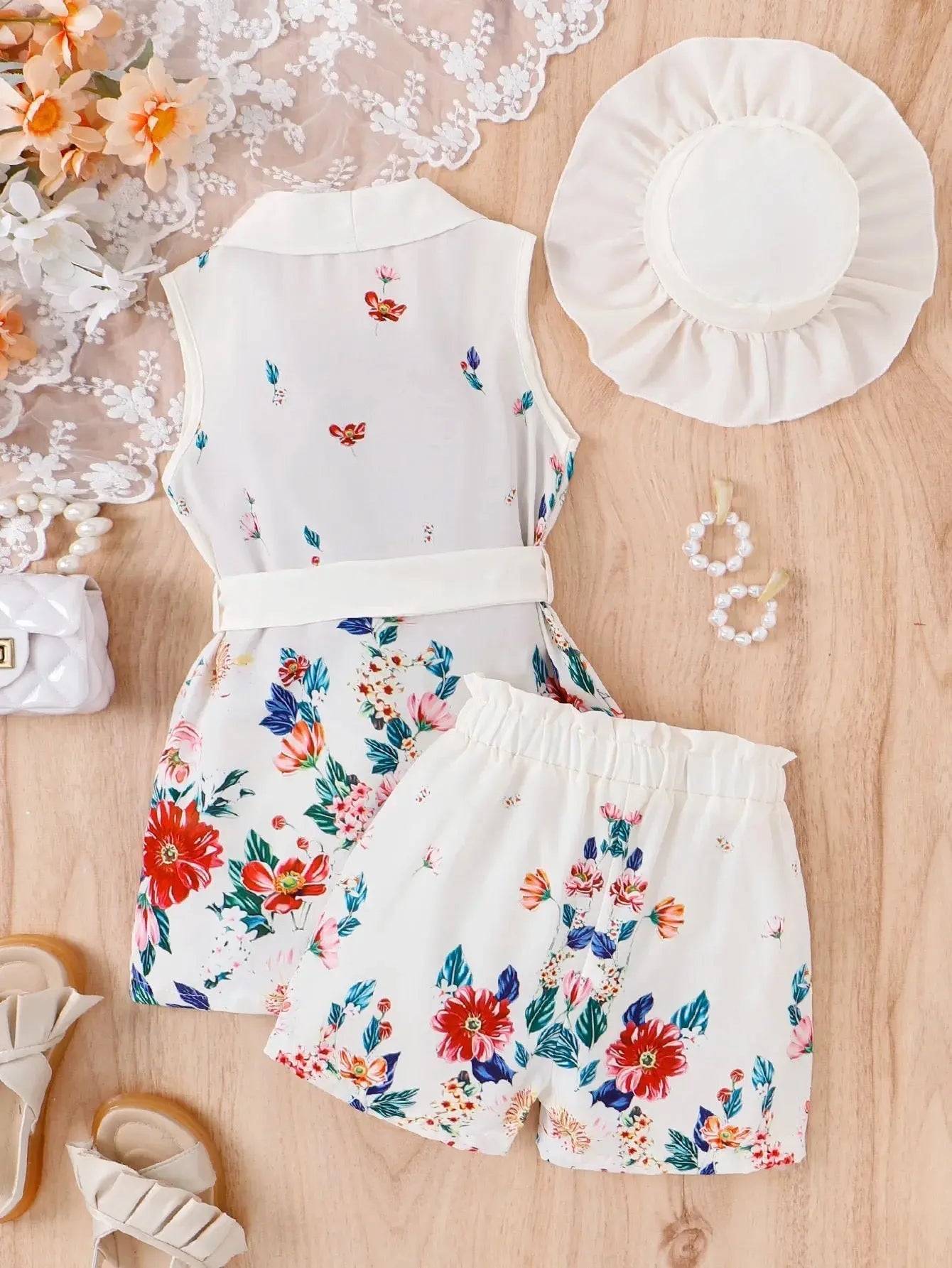 Girls White Floral Printed 4 Pcs Set