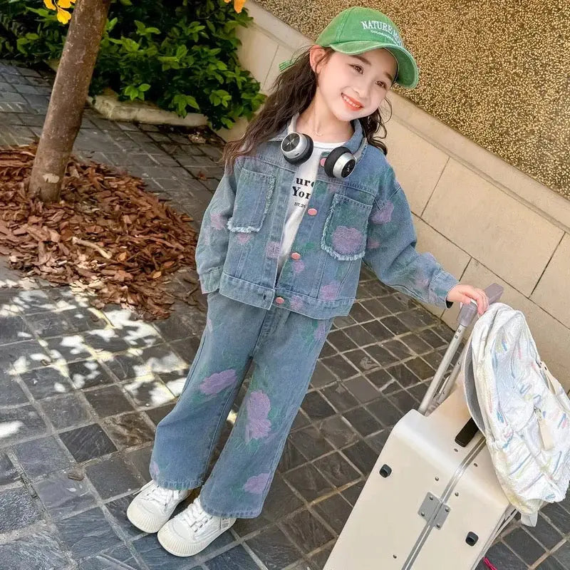 Girls Denim Co-ord Set With Pink Print Detail