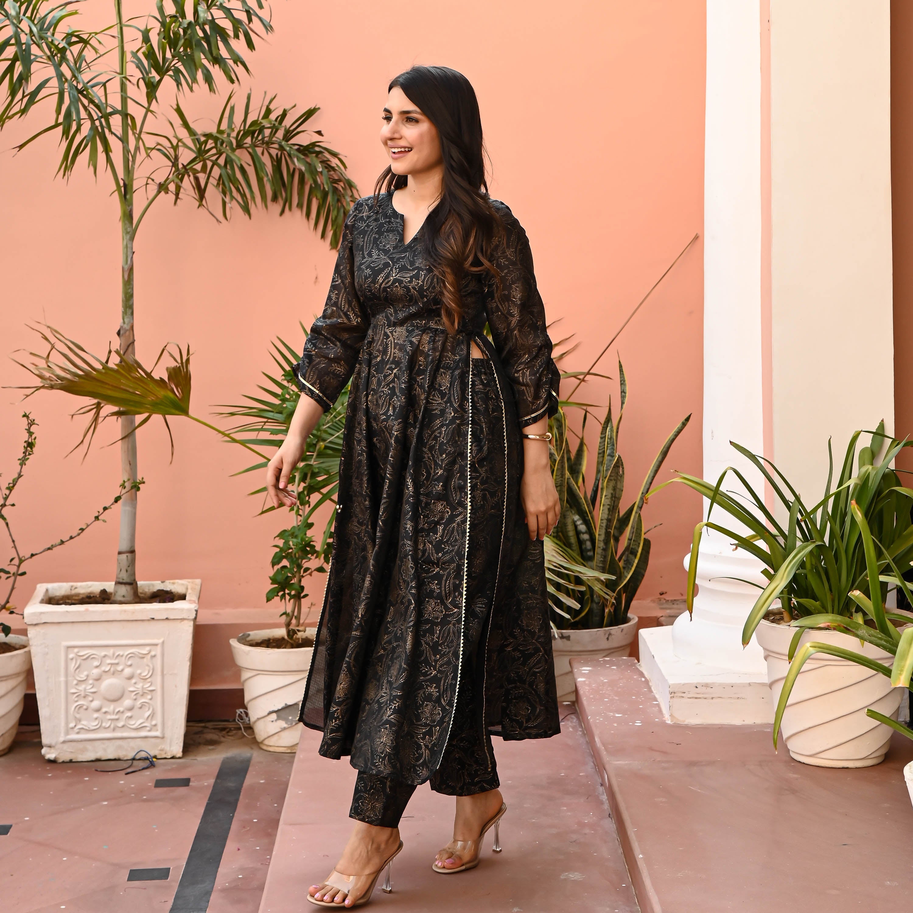 Black Handblock Printed Kurta Set