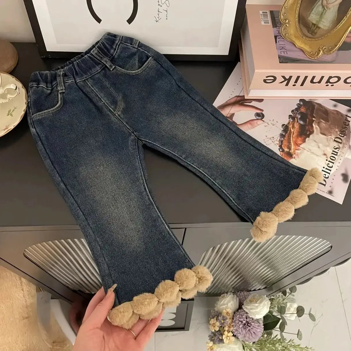 Girls Beige Pom-Pom Knit Sweater and Furry Hem Denim Pants Set