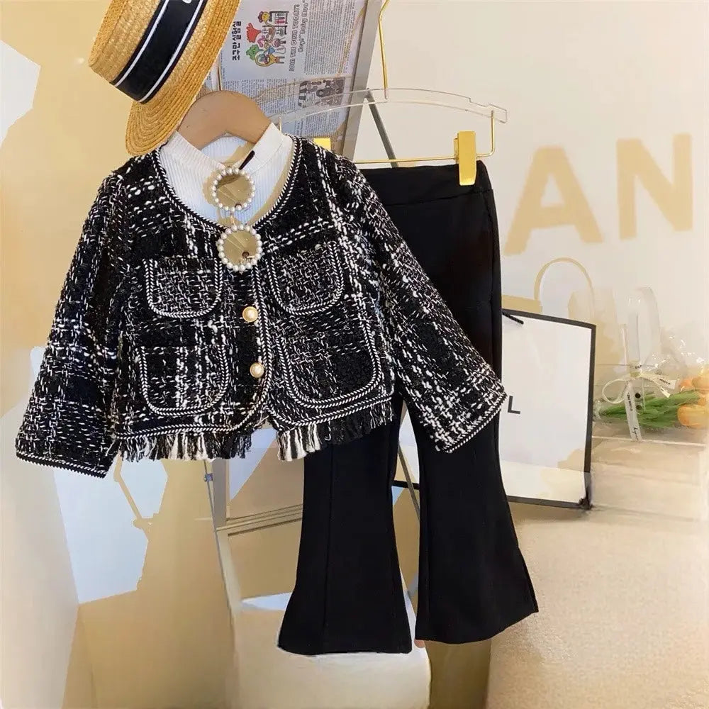 Girls Black Tweed Coat With Trousers 2 Pcs Set