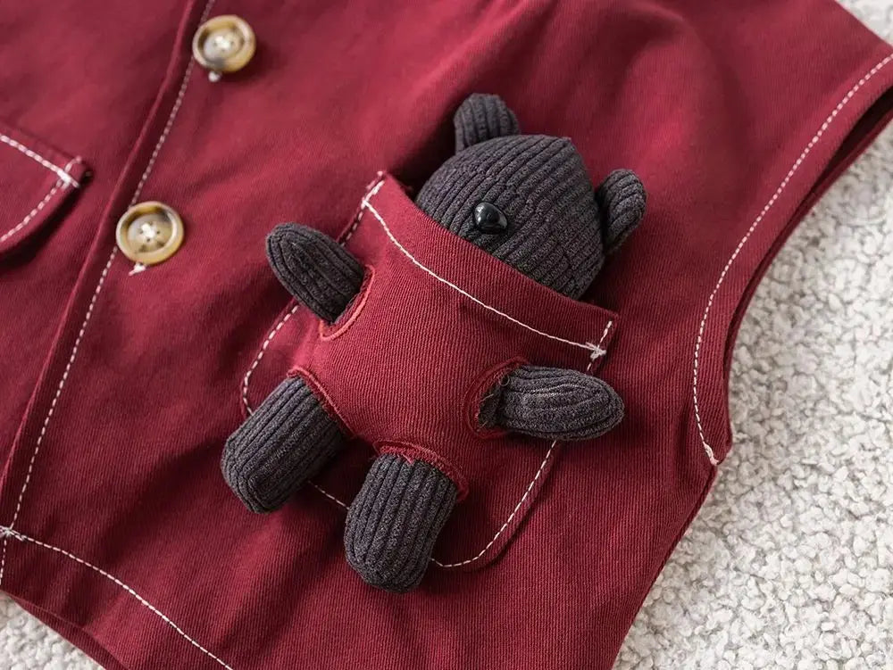 Boys Maroon Striped Shirt With Teddy Attached Coat And Trouser 3 Pcs Set