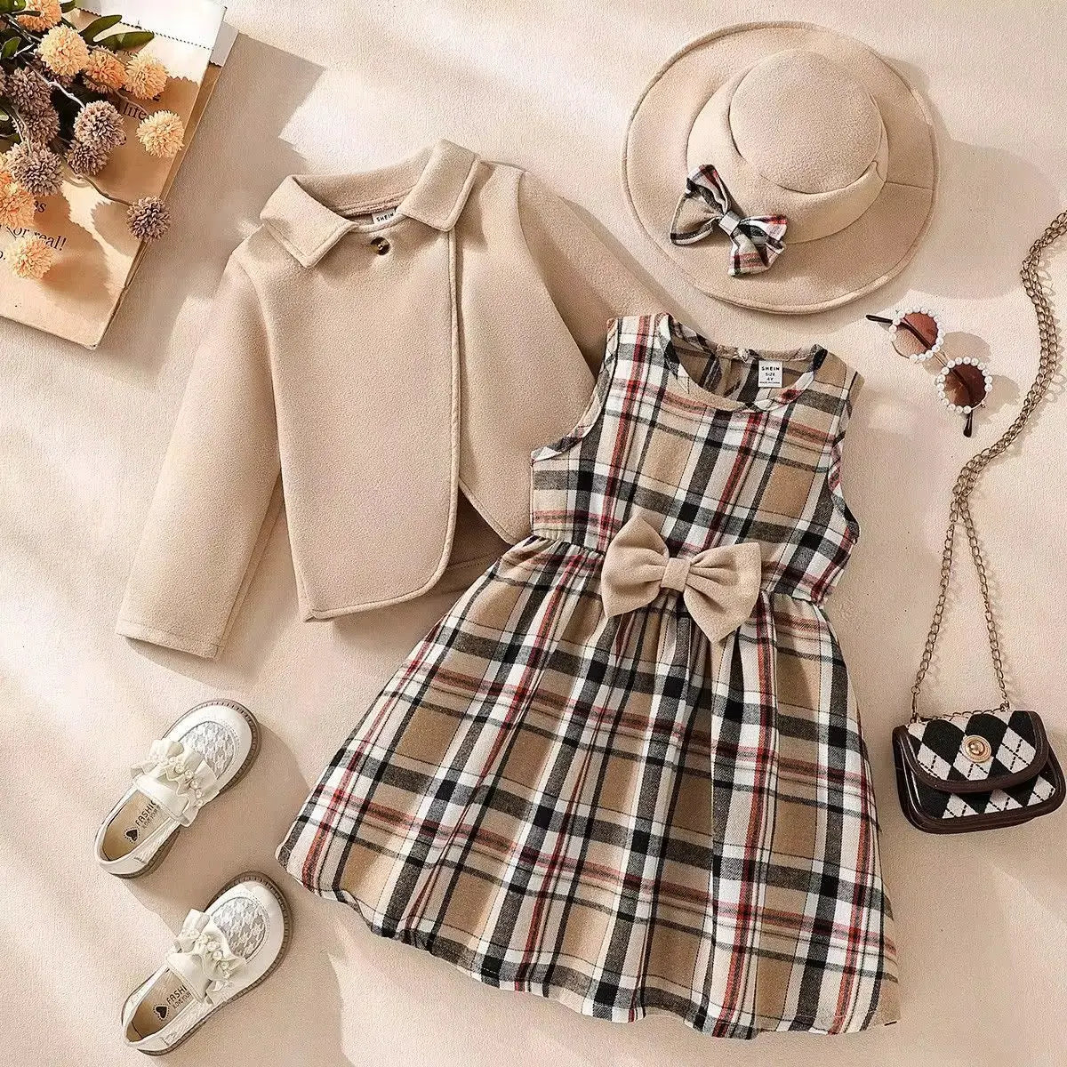 Girls Elegant Checkered Dress with Hat & Coat