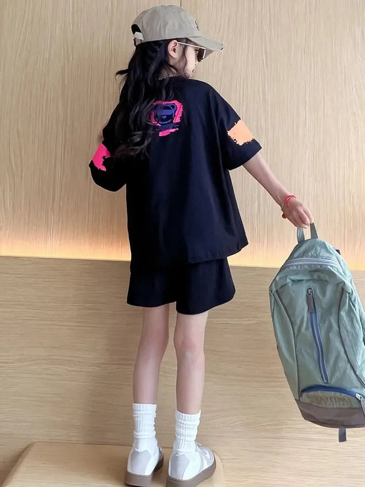 Girls Black Printed Summer Co-ord Set