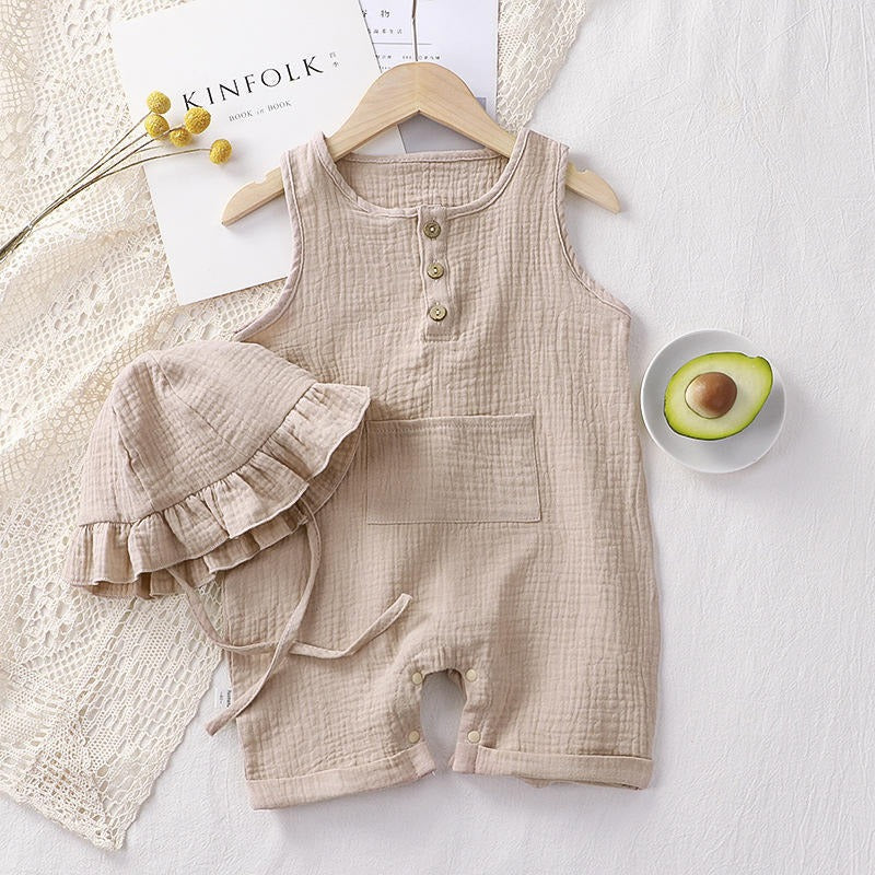 Beige Sleeveless Girls Romper with Hat