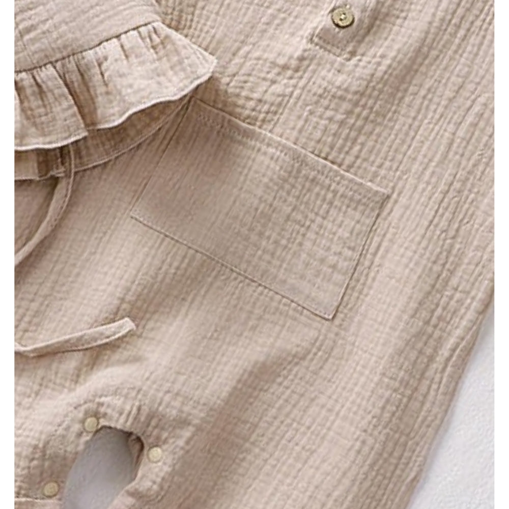 Beige Sleeveless Girls Romper with Hat