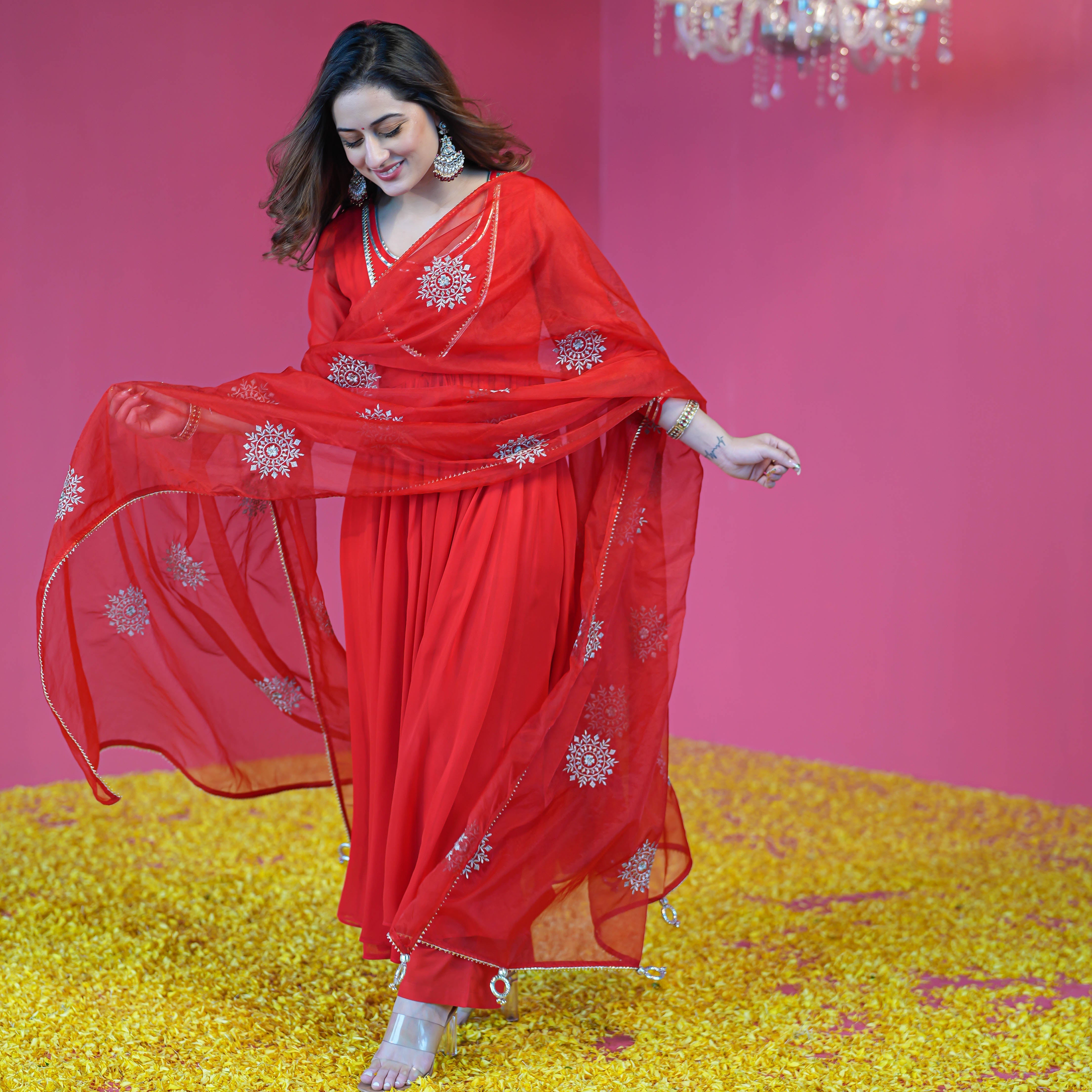 Bunaai Bright Red Georgette Suit Set