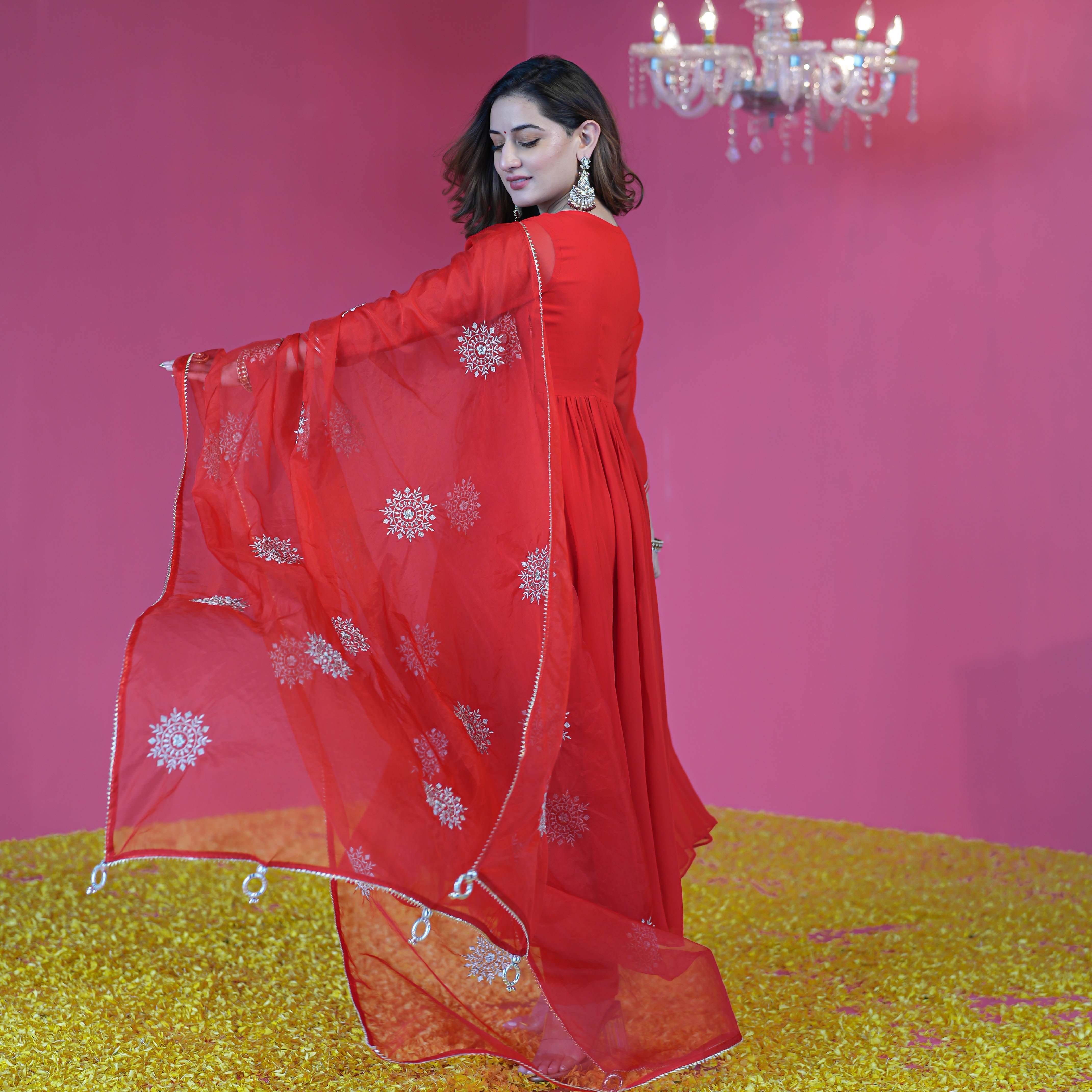 Bunaai Bright Red Georgette Suit Set