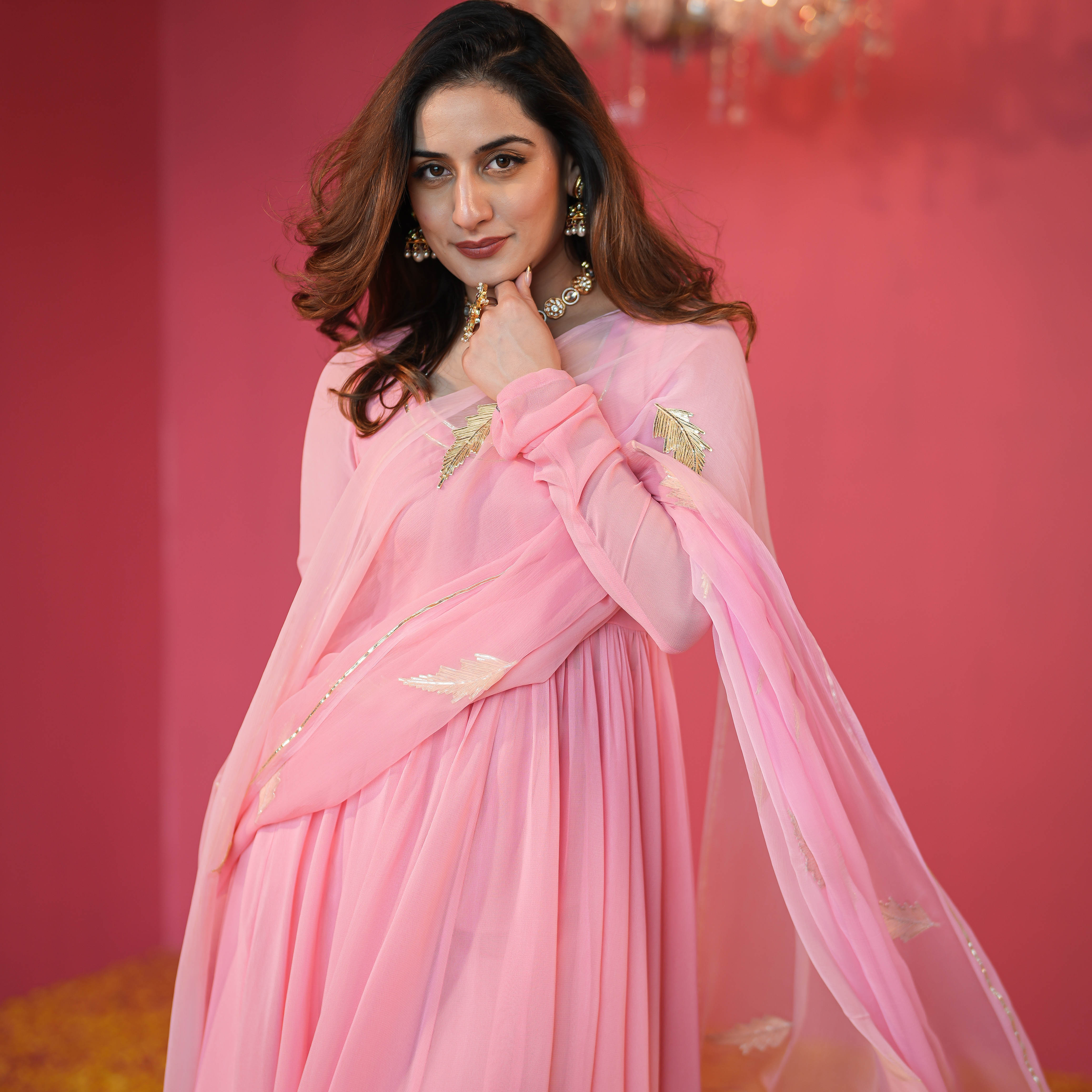 Bunaai Rosy Pink Georgette Suit Set
